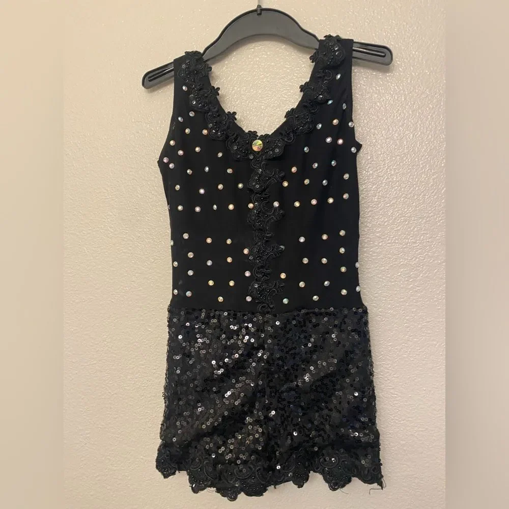 Glamour solo dance costume black mesh biketard bling jazz musical MA adult
